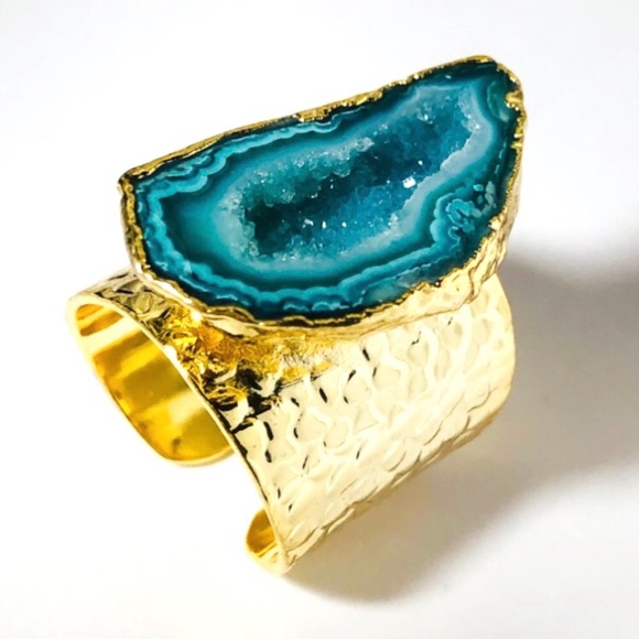 Jewelry - 24K Yellow Gold Plated Blue Geode Druzy Band Cuff Ring